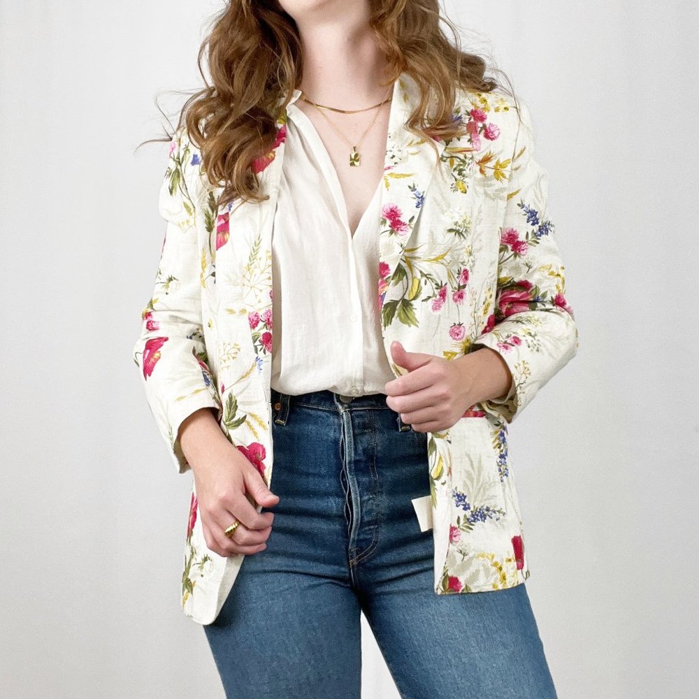 Vintage Oversized Linen Flax Blazer Floral Long Jacket Suit Coat Coastal Grandma - Picture 2 of 7